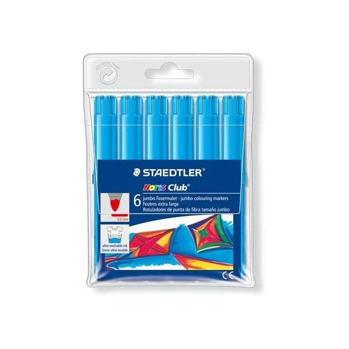 Staedtler Noris Watercolour 340 Pack de 6 Rotuladores de Gran Tamaño - Trazo 3mm Aprox - Lavable Facilmente - Tinta Base de Agua - Color Azul Claro