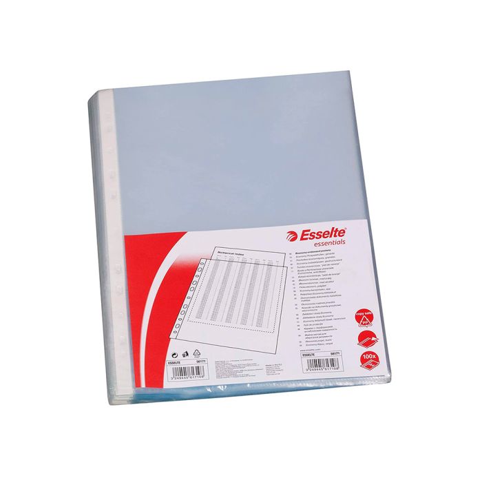 Esselte Pack de 100 Fundas Multitaladro Portadocumentos - Formato Folio - 16 Taladros - 80 Micras - Piel de Naranja - Color Transparente