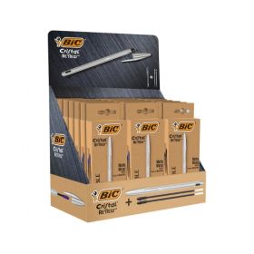 Bic Cristal Re´new Expositor de 21 Boligrafos de Bola con Cuerpo Metalico + 2 Recambios - 15 Tinta Azul y 6 Tinta Negra - Punta Media de 1.0mm - Tinta con Base de Aceite - Color Azul