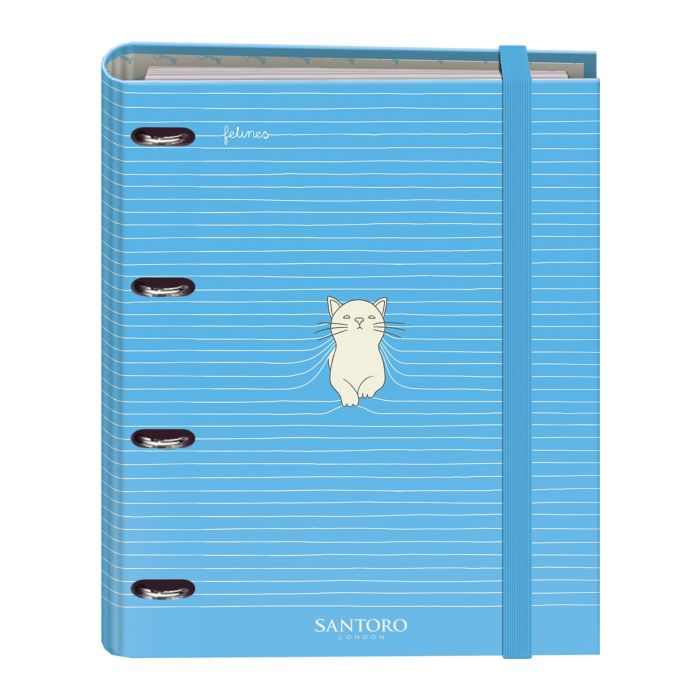 Dohe Santoro Felines Carpeta de 4 Anillas Formato A4 con Recambio de 100 Hojas - 4 Separadores de Colores - Cierre con Goma Elastica - Anillas de 35mm
