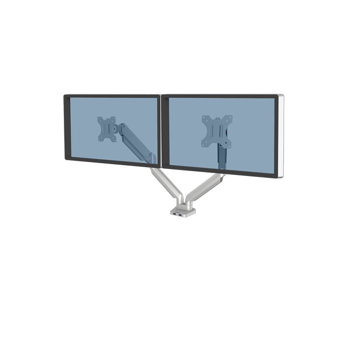 Fellowes Platinum Series Brazo para Monitor Doble - Hasta 27" y 9kg - 2 Puertos USB - Ajustable con Muelle de Gas - Color Plata