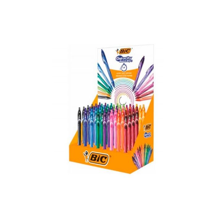 Bic Gel-Ocity Quick Dry Expositor de 48 Boligrafos Retractiles - Grip de Goma - Punta Media de 0.7mm - Secado Ultra Rapido - No Mancha el Papel - Colores Surtidos