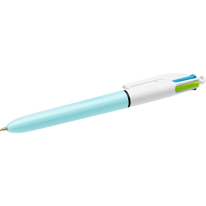 Bic 4 Colours Fun Boligrafo de Bola Retractil - Punta Media de 1.0mm - Tinta con Base de Aceite - Tinta de Colores: Rosa, Morado, Turquesa y Verde Lima - Cuerpo Azul Claro/Blanco