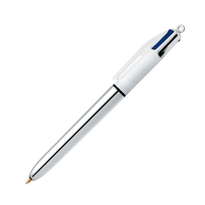 Bic 4 Colours Shine Boligrafo de Bola Retractil - Punta de 1mm - Trazo de 0.4mm - Tinta con Base de Aceite - Cuerpo Plata/Blanco - 4 Colores