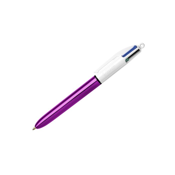 Bic 4 Colours Shine Boligrafo de Bola Retractil - Punta de 1mm - Trazo de 0.4mm - Tinta con Base de Aceite - Cuerpo Morado Metalizado/Blanco - 4 Colores