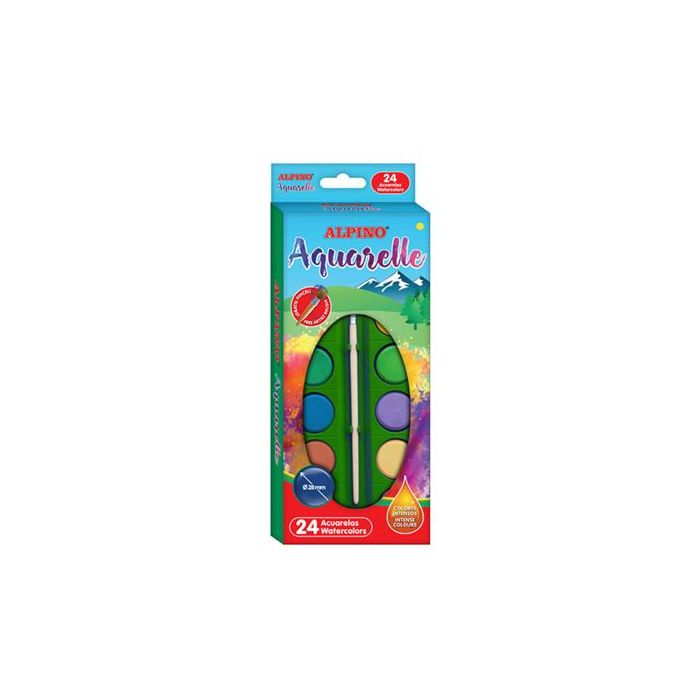 Alpino Pack de 24 Acuarelas - 28mm Diametro - Colores Intensos - Incluye Pincel - Colores Surtidos