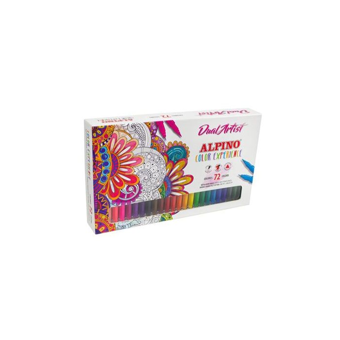 Alpino Dual Artist Color Experience Pack de 72 Rotuladores - Doble Punta para Dibujos mas Completos - Forma Triangular Ergonomica - Punta Fine Liner de 0.7mm y Punta Pincel de 2.9mm - Colores Surtidos