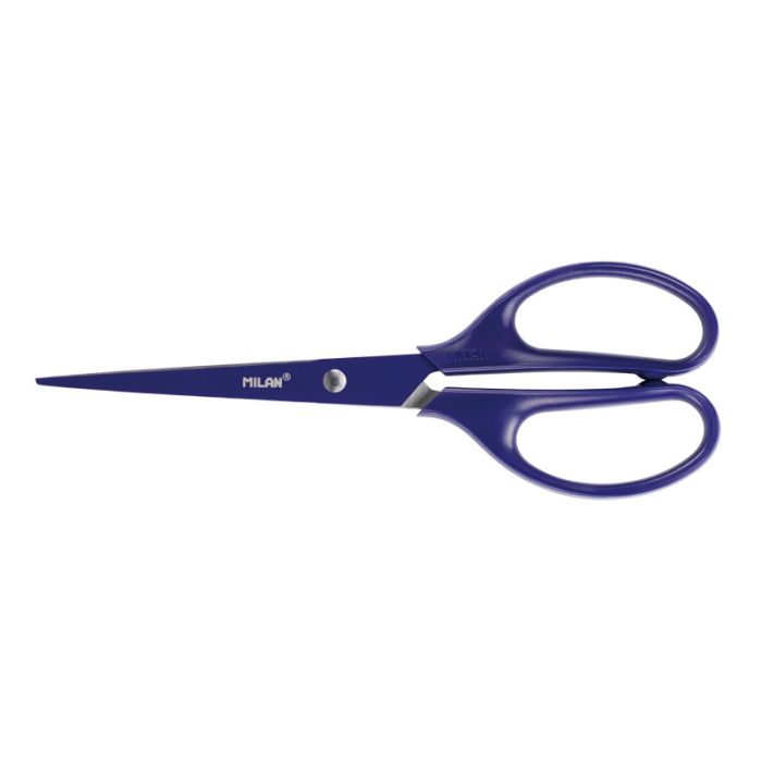 Milan Tijeras Oficina Acid con Cuchilla de Acero Inoxidable - Mango de Plastico Simetrico - Longitud 17cm - Color Azul