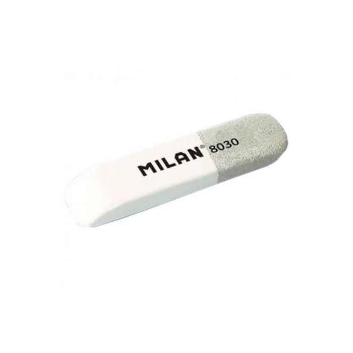 Milan 8030 Goma de Borrar Biselada - Doble Uso - Flexible - Miga de Pan - Caucho - Color Blanco/Gris