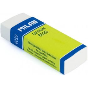 Milan Nata 6020 Goma de Borrar para Dibujo - Rectangular - Plastico - Faja de Carton Verde - Envuelta Individualmente - Color Blanco