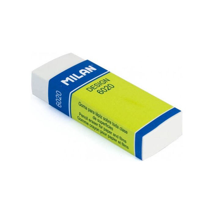 Milan Nata 6020 Goma de Borrar para Dibujo - Rectangular - Plastico - Faja de Carton Verde - Envuelta Individualmente - Color Blanco
