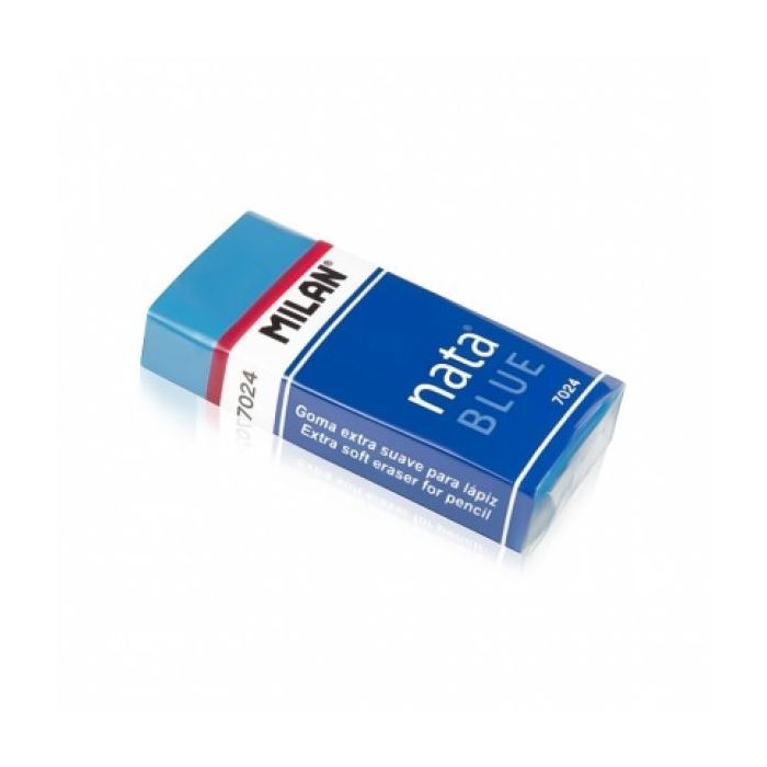 Milan Nata 7024B Goma de Borrar Rectangular - Plastico - Faja de Carton Azul - Envuelta Individualmente - No Daña el Papel - Color Azul