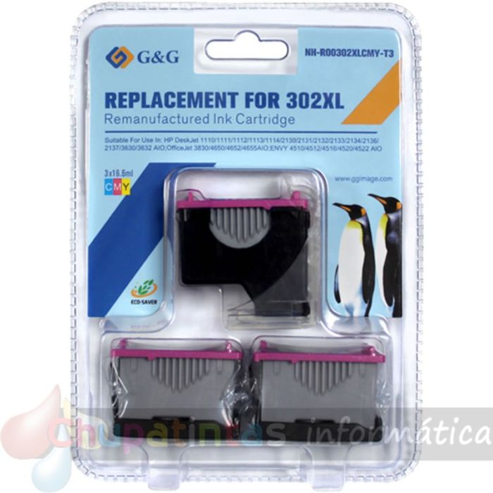 G&G HP 302XL Color Pack de 3 Cartuchos de Tinta Remanufacturados - Eco Saver - Muestra Nivel de Tinta - Reemplaza F6U67AE/F6U65