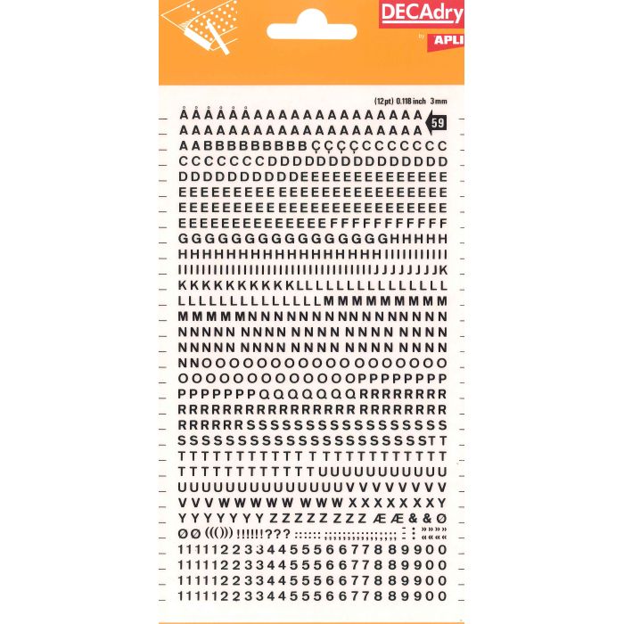 Apli Letras y Numeros Transferibles - 3mm de Tamaño - 795 Caracteres - Facil Aplicacion y Remocion - Negro