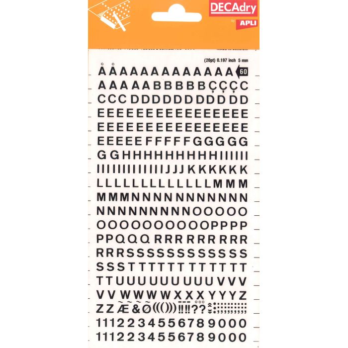 Apli Letras y Numeros Transferibles - 5mm - 339 Caracteres - Negros