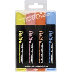 Tratto Video Pastel Pack de 4 Marcadores Fluorescentes - Punta Biselada - Tinta al Agua - Secado Rapido - Colores Surtidos