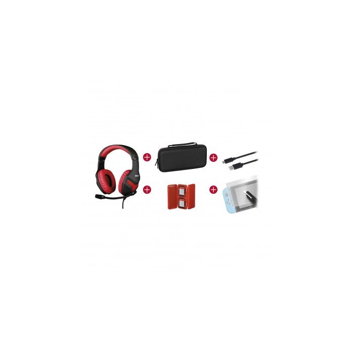 Konix Mythics Gamer Switch Pack Auriculares + Funda de Transporte + Protector Pantalla Vidrio Templado + Estuche para 4 Cartuchos de Juego + Cable USB a USB-C