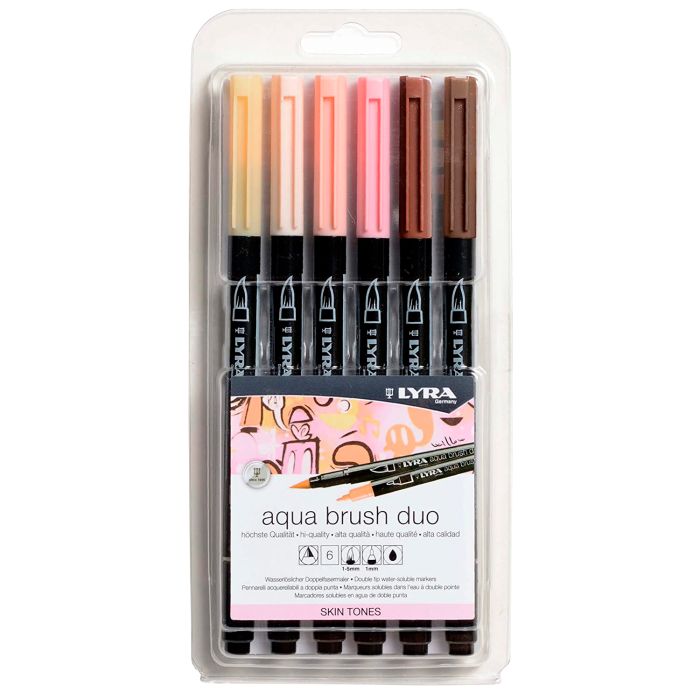 Lyra Aqua Brush Duo Pack 6 Rotuladores de Doble Punta - Trazos 1-5 y 1mm - Tinta Base de Agua - Colores Tonos de Piel