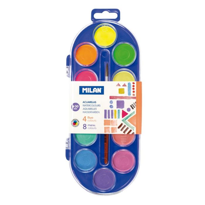 Milan 0531512 Estuche de 12 Acuarelas Ø30 mm + Pincel  Serie 101 - Mezclable - Colores Fluorescentes y Metalizados