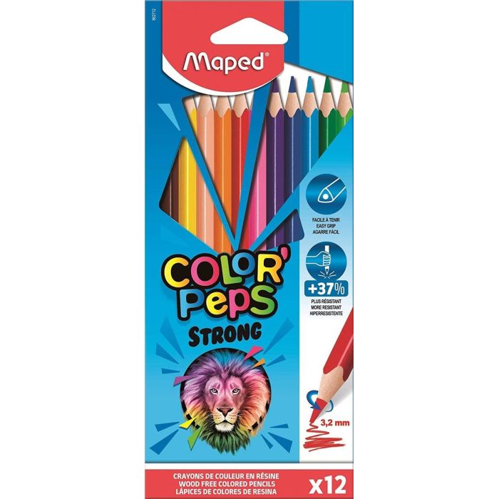 Maped Color´Peps Strong Lapices Triangulares de Colores - Sin Madera - Mina 3,2 mm - Punta Ultra Resistente - Colores Surtidos - Estuche de 12 ud