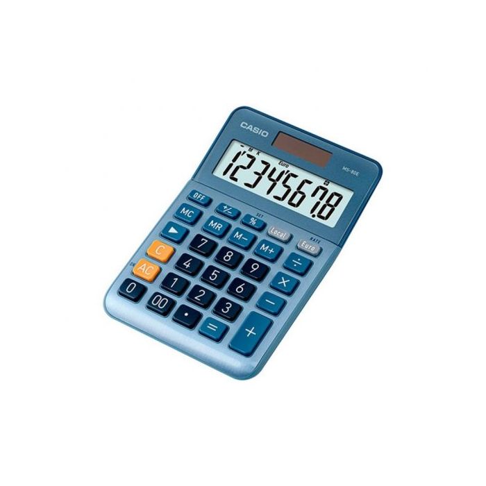 Casio MS80E Calculadora de Escritorio - Tecla Doble Cero - Pantalla LCD de 8 Digitos - Solar y Pilas - Color Azul