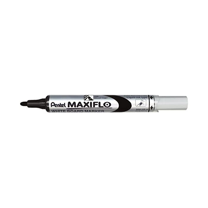 Pentel Maxiflo Rotulador para Pizarra Blanca - Regulacion del Flujo de Tinta - Punta de Bala - Ancho de Linea 2mm - 50% de Materiales Reciclados - Color Negro