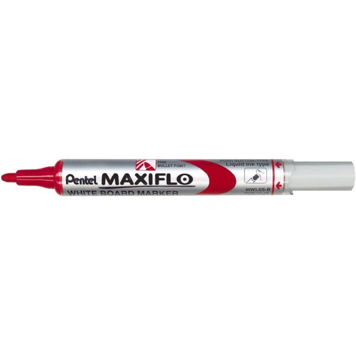 Pentel Maxiflo Rotulador para Pizarra Blanca - Regulacion del Flujo de Tinta - Punta de Bala - Ancho de Linea 2mm - 50% de Materiales Reciclados - Color Rojo