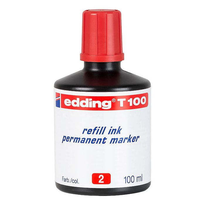 Edding T100 Bote de Recarga para Rotulador Permanente - Capacidad 100ml - Color Rojo