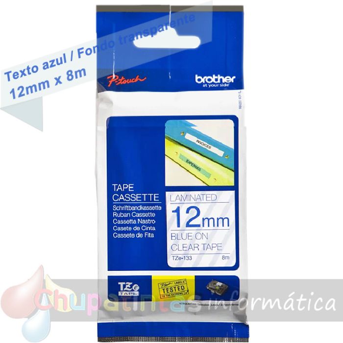 Brother TZe133 Cinta Laminada Original de Etiquetas - Texto azul sobre fondo transparente - Ancho 12mm x 8 metros-1