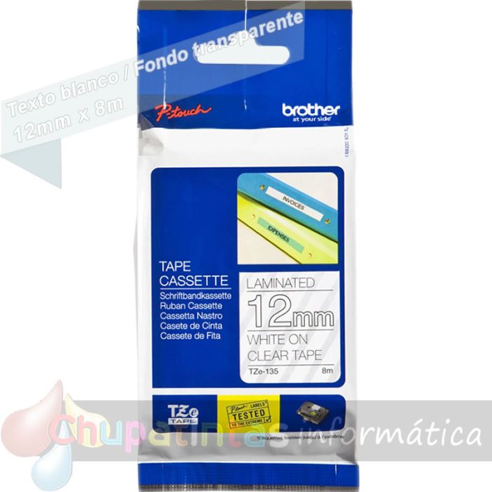 Brother TZe135 Cinta Laminada Original de Etiquetas - Texto blanco sobre fondo transparente - Ancho 12mm x 8 metros-1