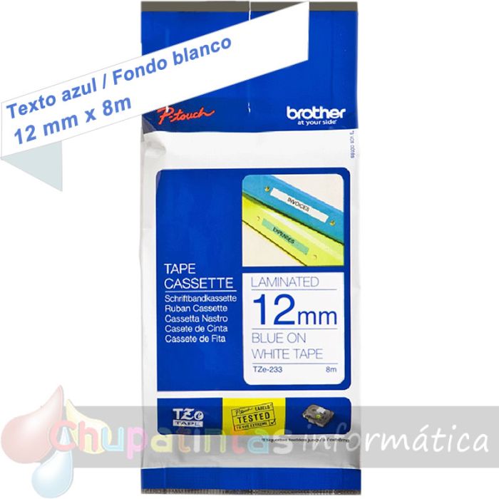 Brother TZe233 Cinta Laminada Original de Etiquetas - Texto azul sobre fondo blanco - Ancho 12mm x 8 metros-1