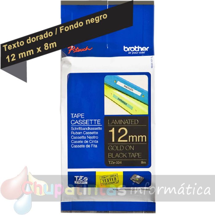 Brother TZe334 Cinta Laminada Original de Etiquetas - Texto dorado sobre fondo negro - Ancho 12mm x 8 metros-1