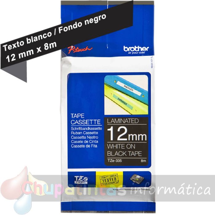 Brother TZe335 Cinta Laminada Original de Etiquetas - Texto blanco sobre fondo negro - Ancho 12mm x 8 metros-1