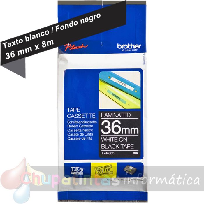 Brother TZe365 Cinta Laminada Original de Etiquetas - Texto blanco sobre fondo negro - Ancho 36mm x 8 metros-1