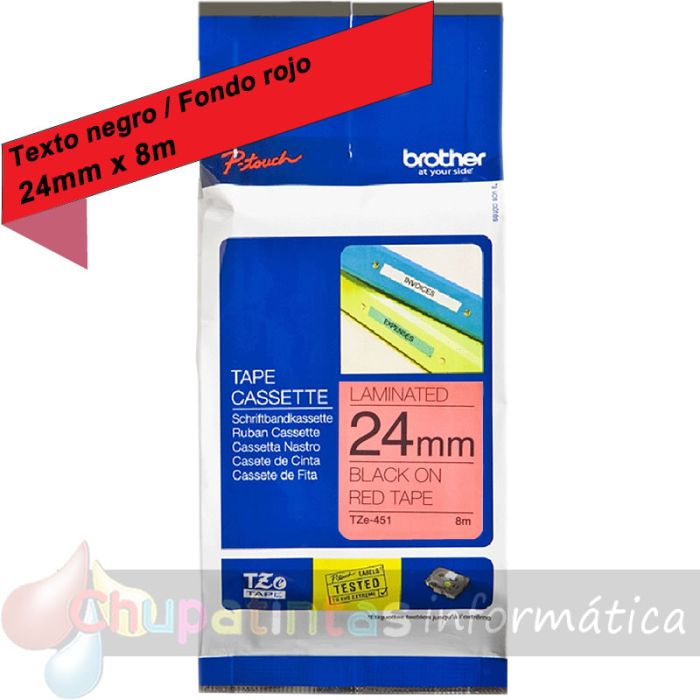 Brother TZe451 Cinta Laminada Original de Etiquetas - Texto negro sobre fondo rojo - Ancho 24mm x 8 metros-1