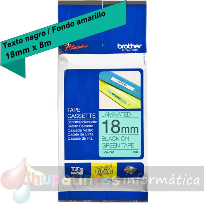 Brother TZe741 Cinta Laminada Original de Etiquetas - Texto negro sobre fondo verde - Ancho 18mm x 8 metros-1