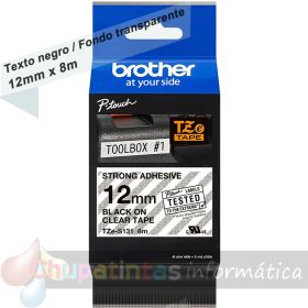 Brother TZeS131 Cinta Laminada Super Adhesiva Original de Etiquetas - Texto negro sobre fondo transparente - Ancho 12mm x 8 metros