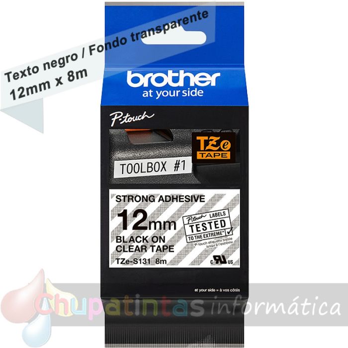 Brother TZeS131 Cinta Laminada Super Adhesiva Original de Etiquetas - Texto negro sobre fondo transparente - Ancho 12mm x 8 metros