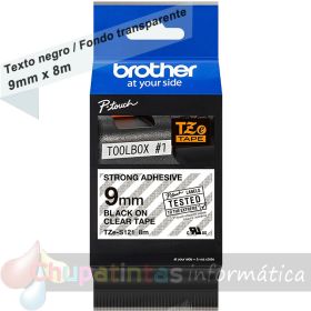 Brother TZeS121 Cinta Laminada Super Adhesiva Original de Etiquetas - Texto negro sobre fondo transparente - Ancho 9mm x 8 metros