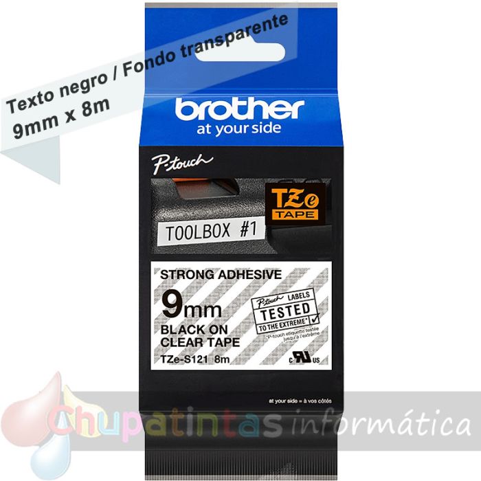 Brother TZeS121 Cinta Laminada Super Adhesiva Original de Etiquetas - Texto negro sobre fondo transparente - Ancho 9mm x 8 metros