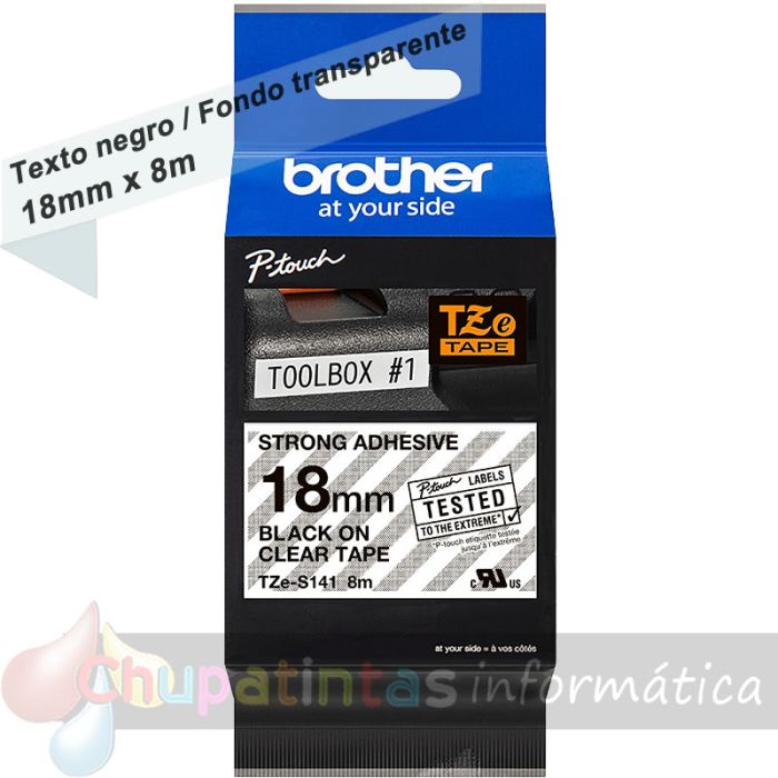 Brother TZeS141 Cinta Laminada Super Adhesiva Original de Etiquetas - Texto negro sobre fondo transparente - Ancho 18mm x 8 metros