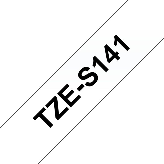 Brother TZeS141 Cinta Laminada Super Adhesiva Original de Etiquetas - Texto negro sobre fondo transparente - Ancho 18mm x 8 metros