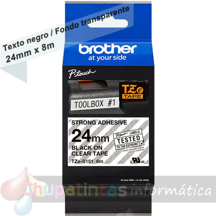 Brother TZeS151 Cinta Laminada Super Adhesiva Original de Etiquetas - Texto negro fondo transparente - 24mm x 8m-1