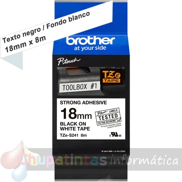 Brother TZeS241 Cinta Laminada Super Adhesiva Original de Etiquetas - Texto negro sobre fondo blanco - Ancho 18mm x 8 metros-1