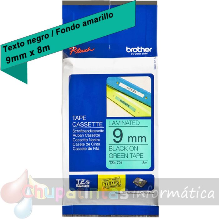 Brother TZe721 Cinta Laminada Original de Etiquetas - Texto negro sobre fondo verde - Ancho 9mm x 8 metros-1