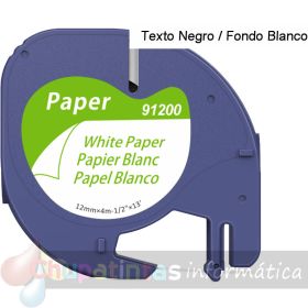 Dymo LetraTag S0721510 Cinta de Etiquetas Genérica para Rotuladora - Texto negro - fondo blanco - Ancho 12mm x 4 metros (91200)