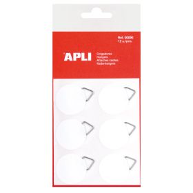 Apli Colgadores Autoadhesivos Redondos - Ø 30mm - Triangulo Metalico de Soporte - Base Adhesiva Blanca - 12 Unidades por Bolsa - Gran Resistencia - Ideal para Fotos, Calendarios y Posteres - Color Blanco