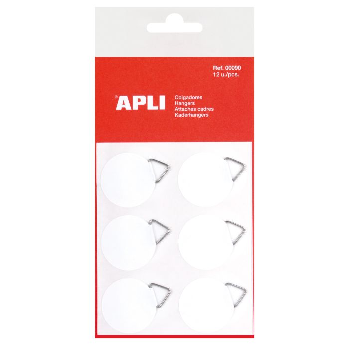 Apli Colgadores Autoadhesivos Redondos - Ø 30mm - Triangulo Metalico de Soporte - Base Adhesiva Blanca - 12 Unidades por Bolsa - Gran Resistencia - Ideal para Fotos, Calendarios y Posteres - Color Blanco