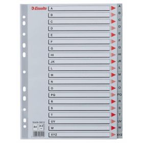 Esselte Abecedarios de Plastico con Caratula Indice A4 - PP - Tipo A-Z - Cartulina Indice: Carton Gris - Material PP - Tamaño A4 - Multitaladro - Presentacion en Bolsa Individual - Color Gris