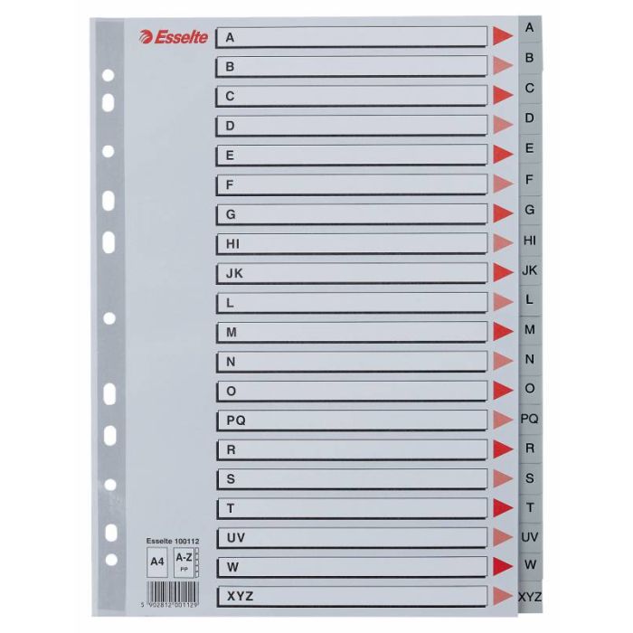 Esselte Abecedarios de Plastico con Caratula Indice A4 - PP - Tipo A-Z - Cartulina Indice: Carton Gris - Material PP - Tamaño A4 - Multitaladro - Presentacion en Bolsa Individual - Color Gris